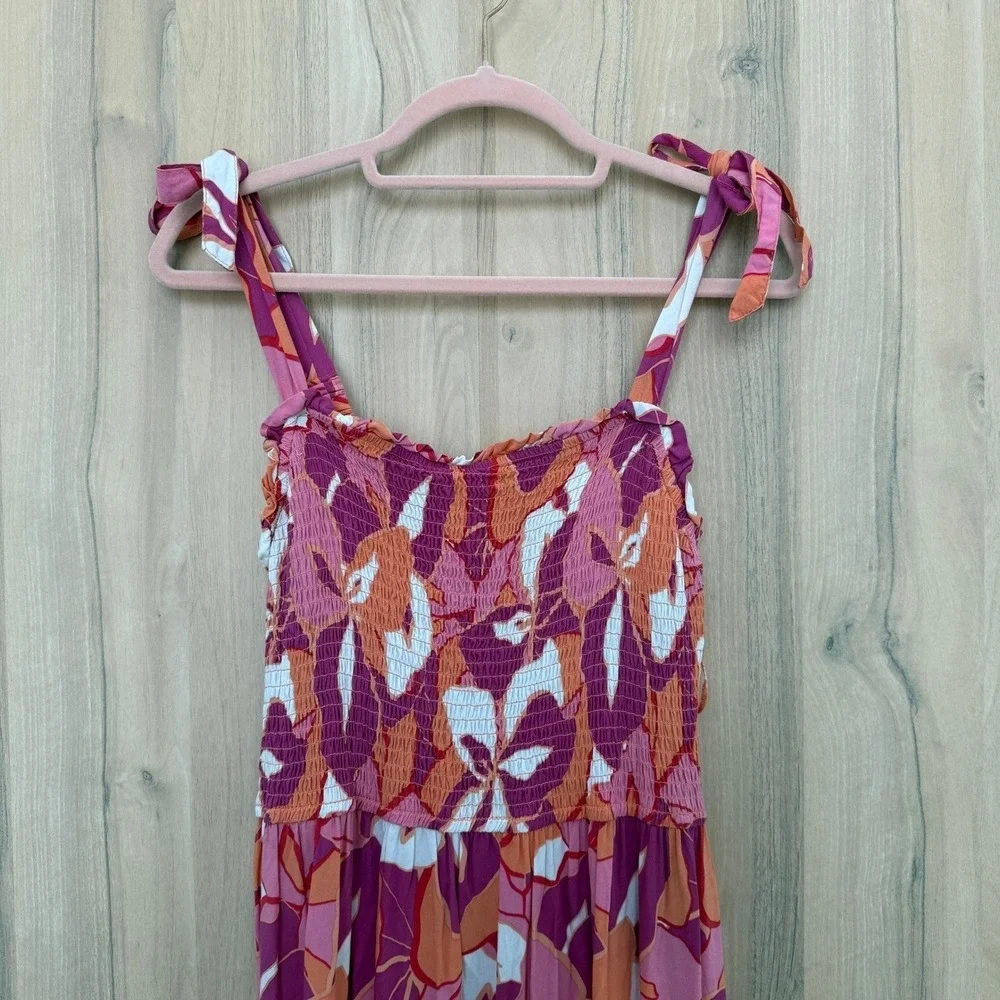 Floral Tiered Maxi Dress Size Large Pink Smocked Tie Shoulder Boho Resort Summer - Picture 3 of 7